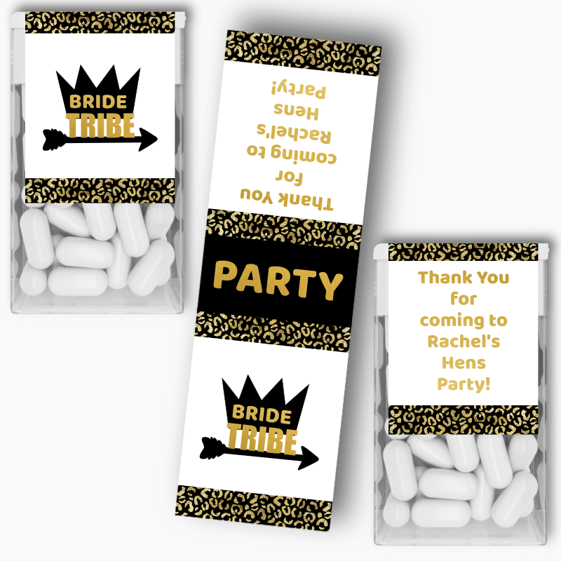 Personalised Black &amp; Gold Bride Tribe Hens Party Tic Tac Labels