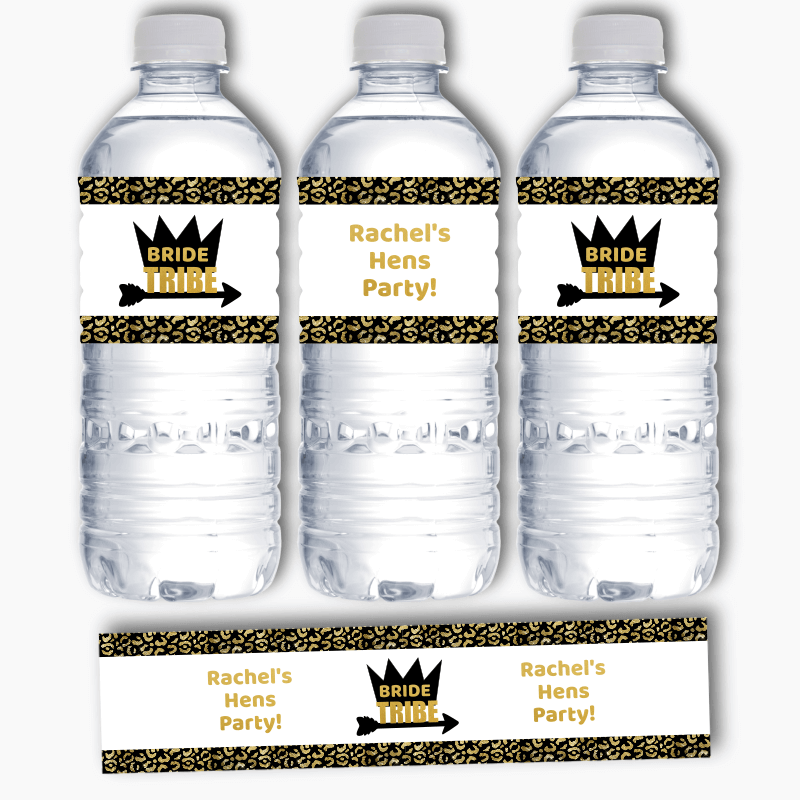 Personalised Black &amp; Gold Bride Tribe Hens Party Water Bottle Labels