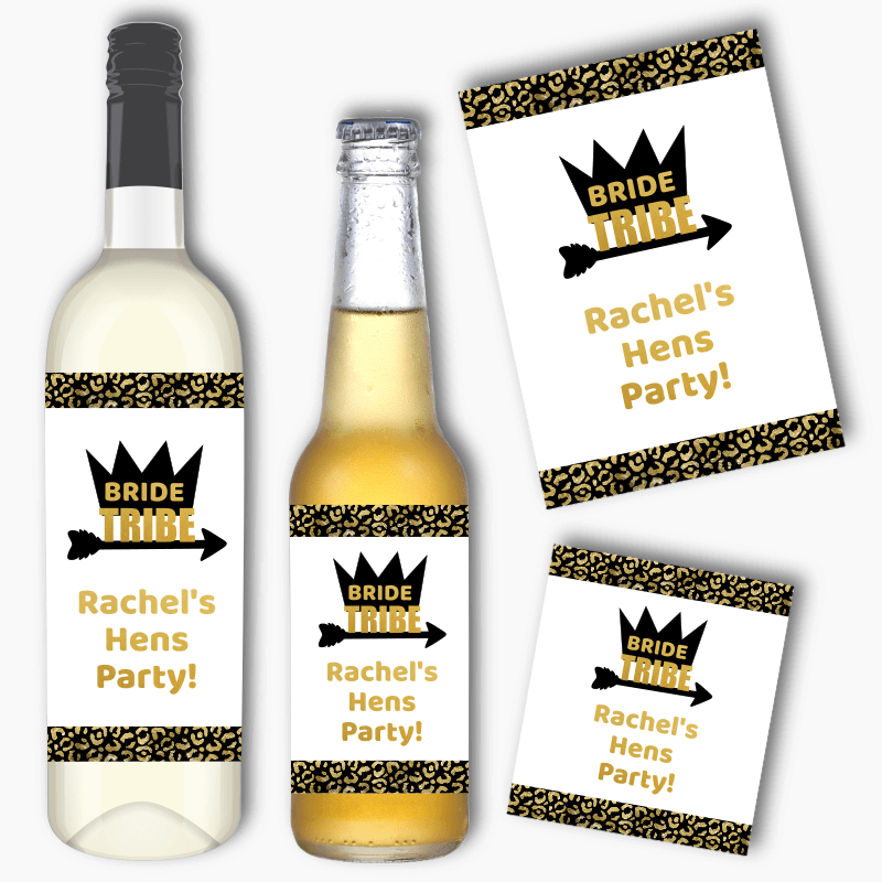 Personalised Black &amp; Gold Bride Tribe Hens Party Wine &amp; Beer Labels