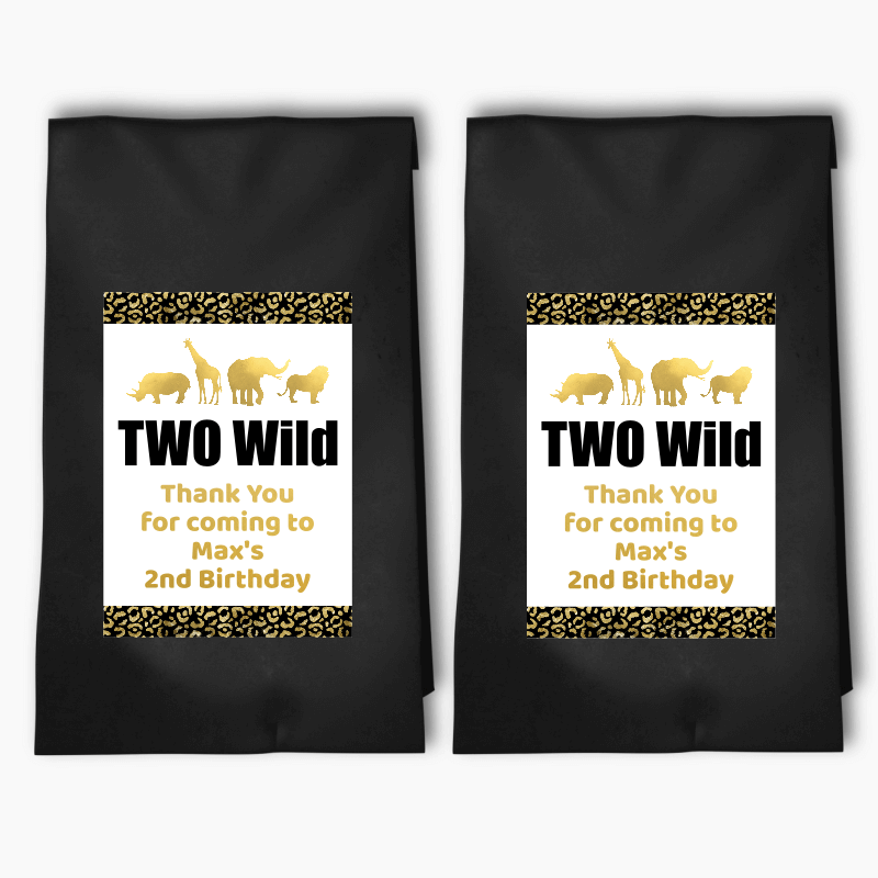 Personalised Black &amp; Gold Two Wild Birthday Party Bags &amp; Labels