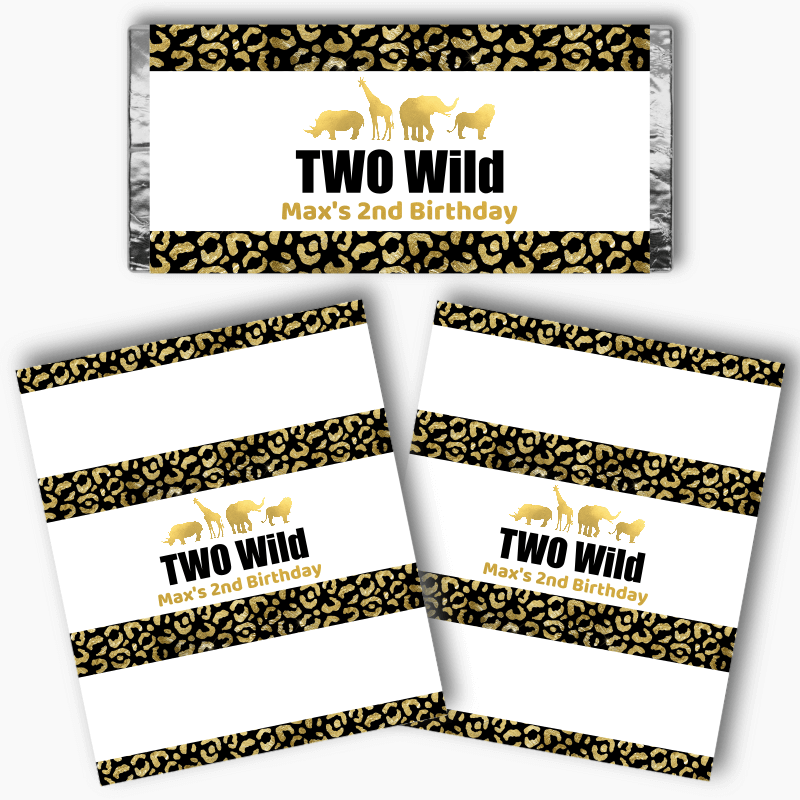 Personalised Black &amp; Gold Two Wild Birthday Party Mini Chocolate Labels