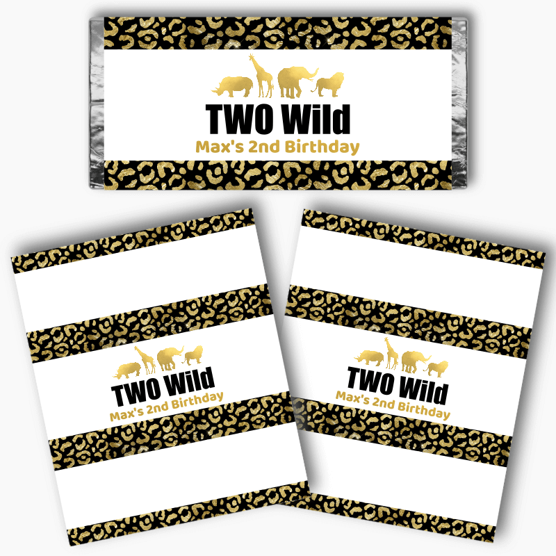 Personalised Black & Gold Two Wild Birthday Party Mini Chocolate Labels