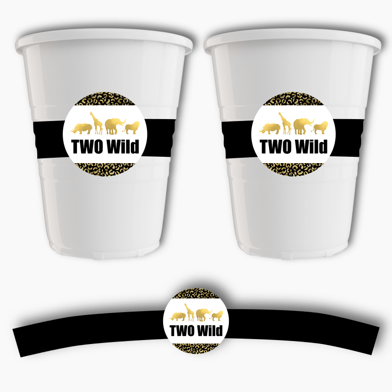 Black & Gold Two Wild Birthday Party Cup Stickers