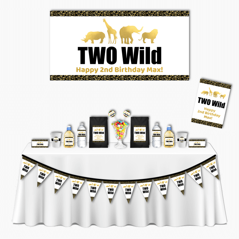 Personalised Black & Gold Two Wild Deluxe Birthday Party Decorations Pack