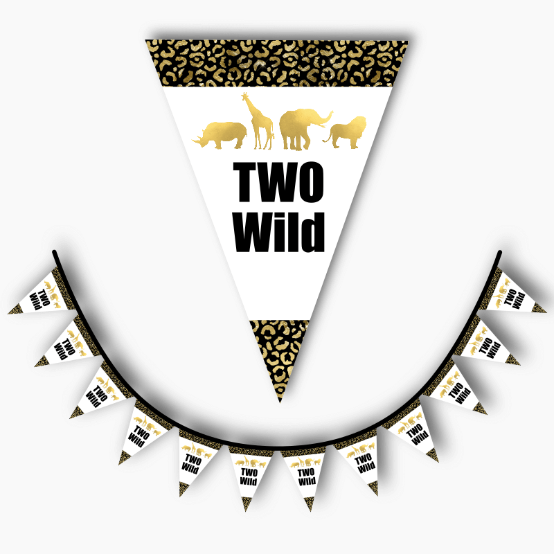 Personalised Black &amp; Gold Two Wild Birthday Party Flag Bunting