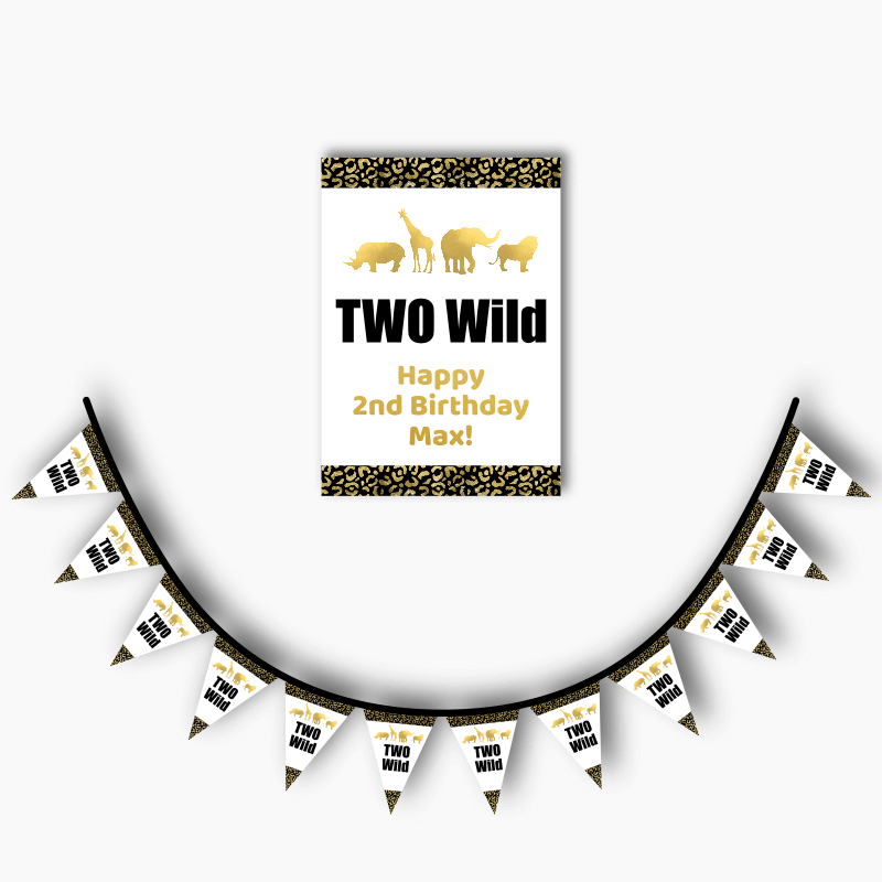 Personalised Black &amp; Gold Two Wild Party Poster &amp; Flag Bunting Combo