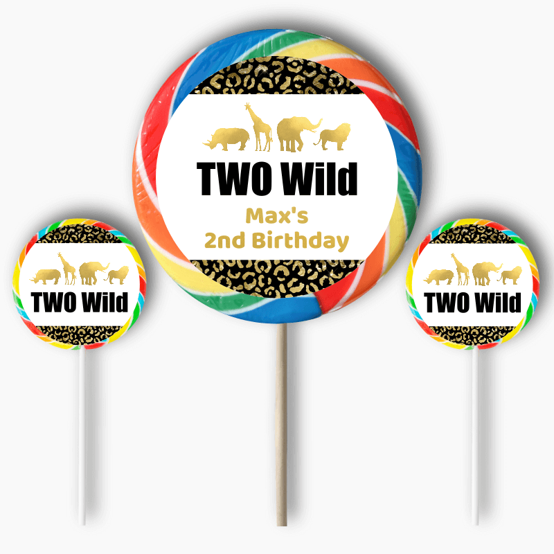 Personalised Black & Gold Two Wild Birthday Party Round Stickers