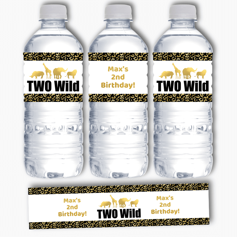 Personalised Black & Gold Two Wild Birthday Party Water Bottle Labels