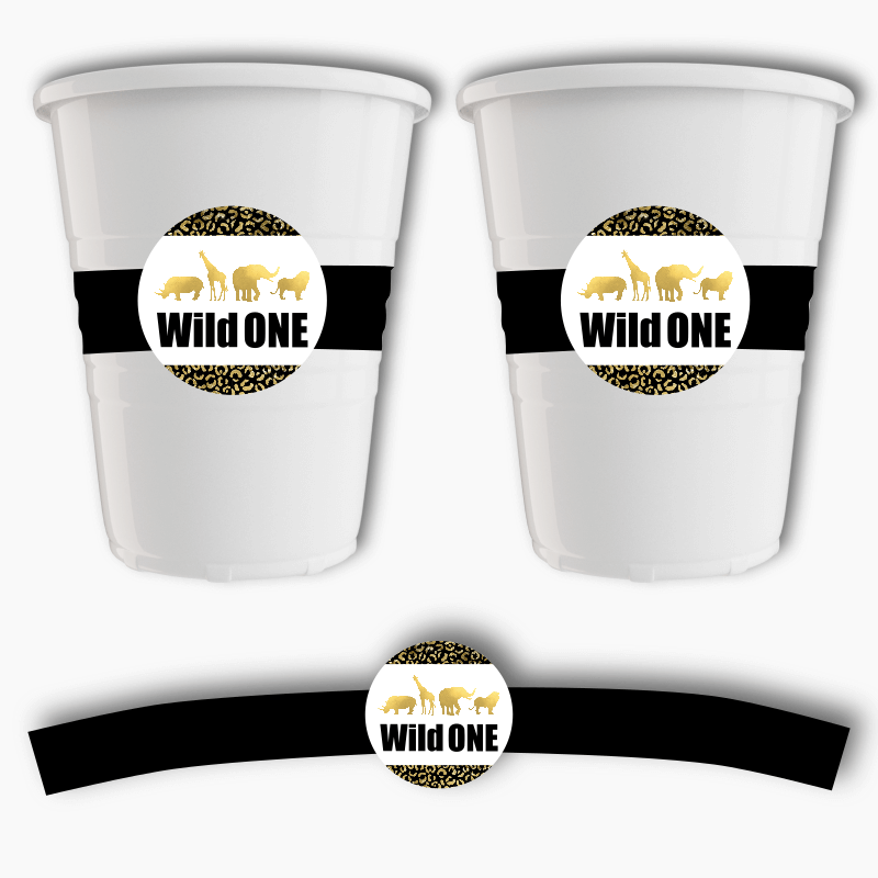 Black & Gold Wild One Birthday Party Cup Stickers
