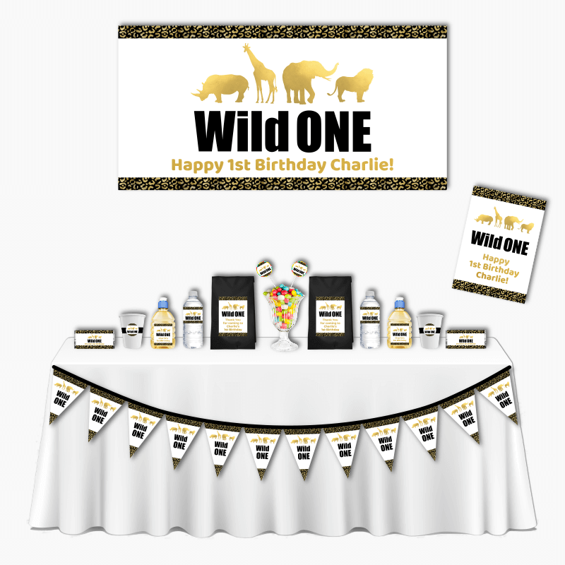 Personalised Black &amp; Gold Wild One Deluxe Birthday Party Decorations Pack