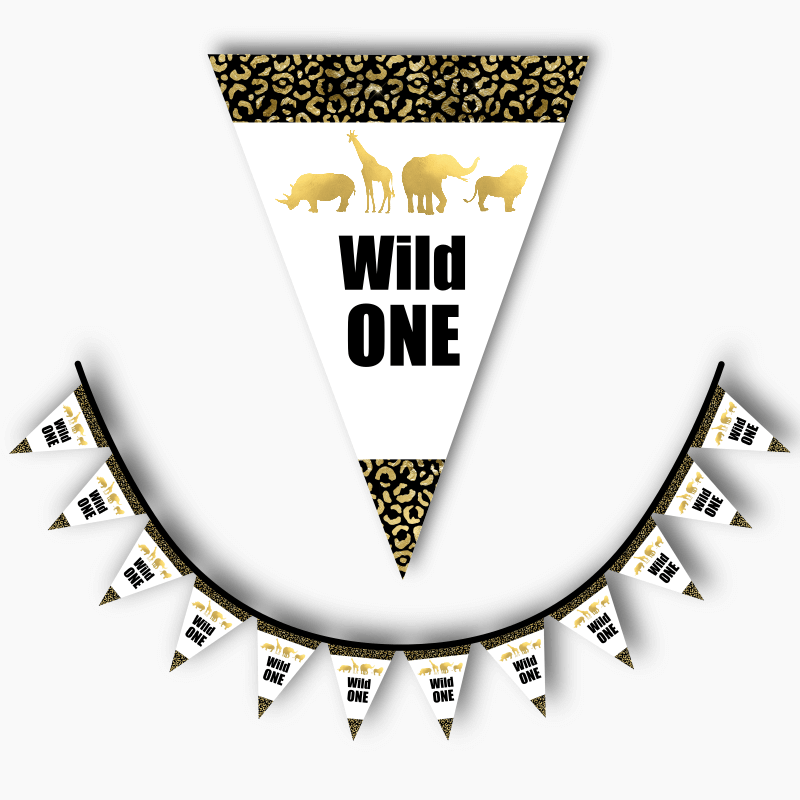 Personalised Black &amp; Gold Wild One Birthday Party Flag Bunting