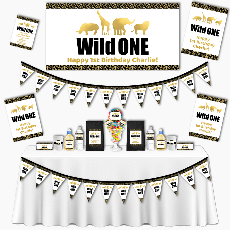 Personalised Black &amp; Gold Wild One Grand Birthday Party Decorations Pack