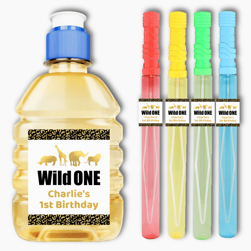 Personalised Black & Gold Wild One Birthday Party Rectangle Favour Stickers