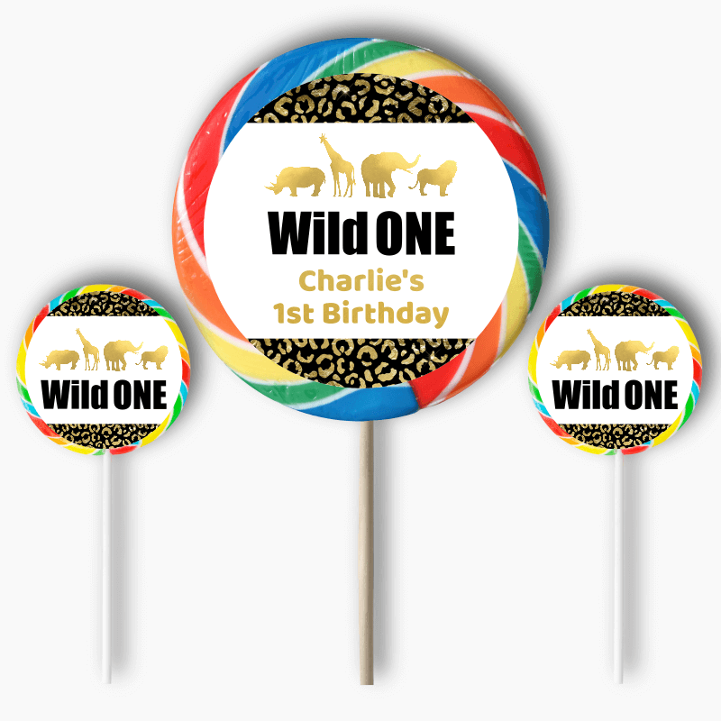 Personalised Black &amp; Gold Wild One Birthday Party Round Stickers