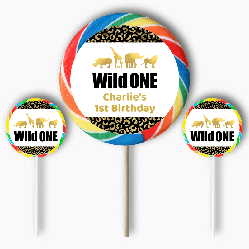 Personalised Black & Gold Wild One Birthday Party Round Stickers