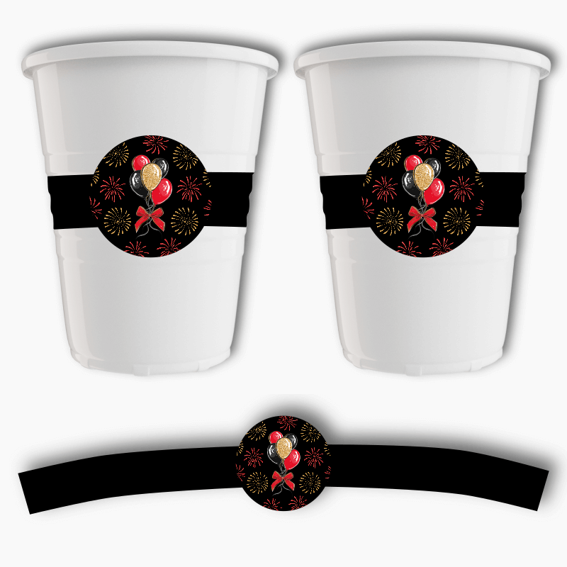 Black, Gold & Red Balloons Birthday Party Cup Stickers