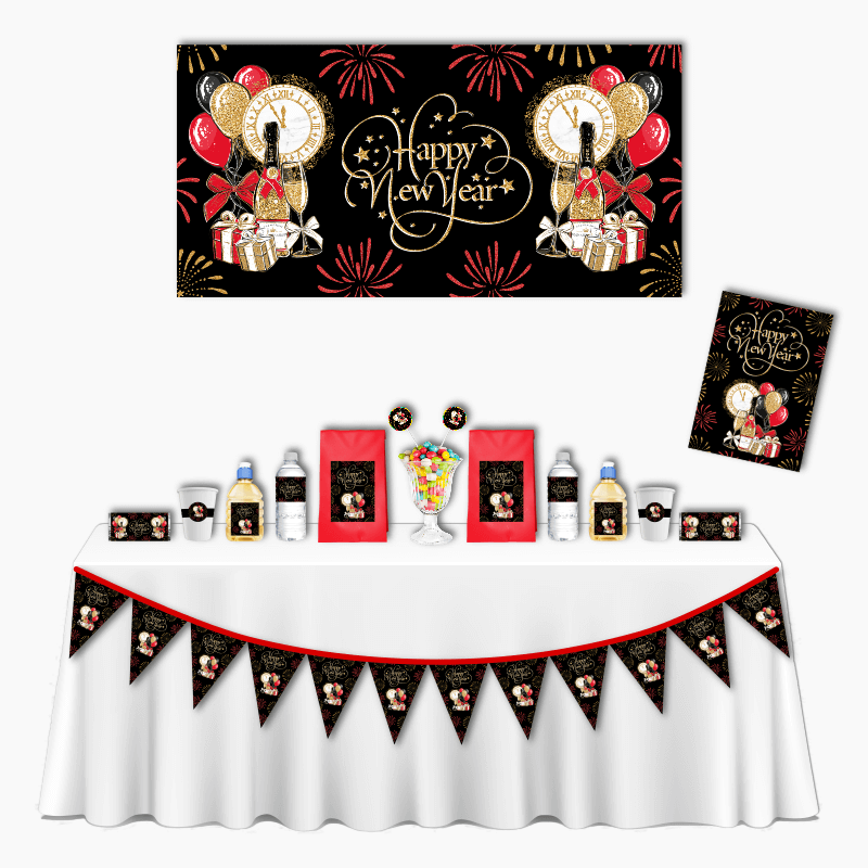 Black, Gold &amp; Red Deluxe New Years Party Decorations Pack