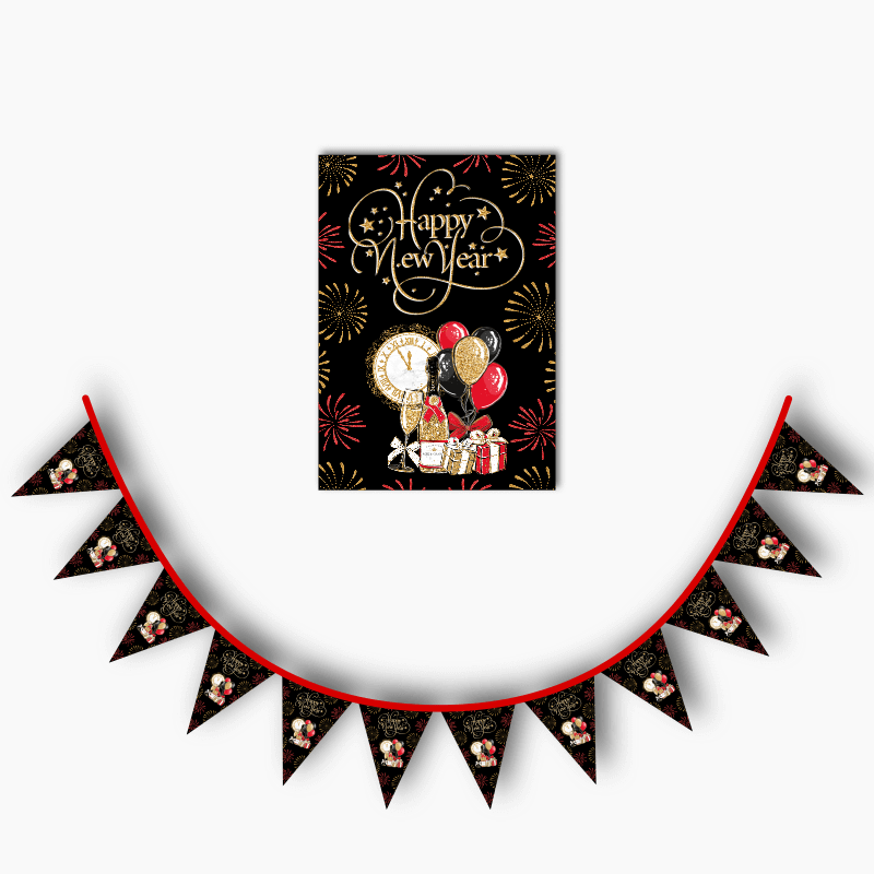 Black, Gold &amp; Red New Years Party Poster &amp; Flag Bunting Combo