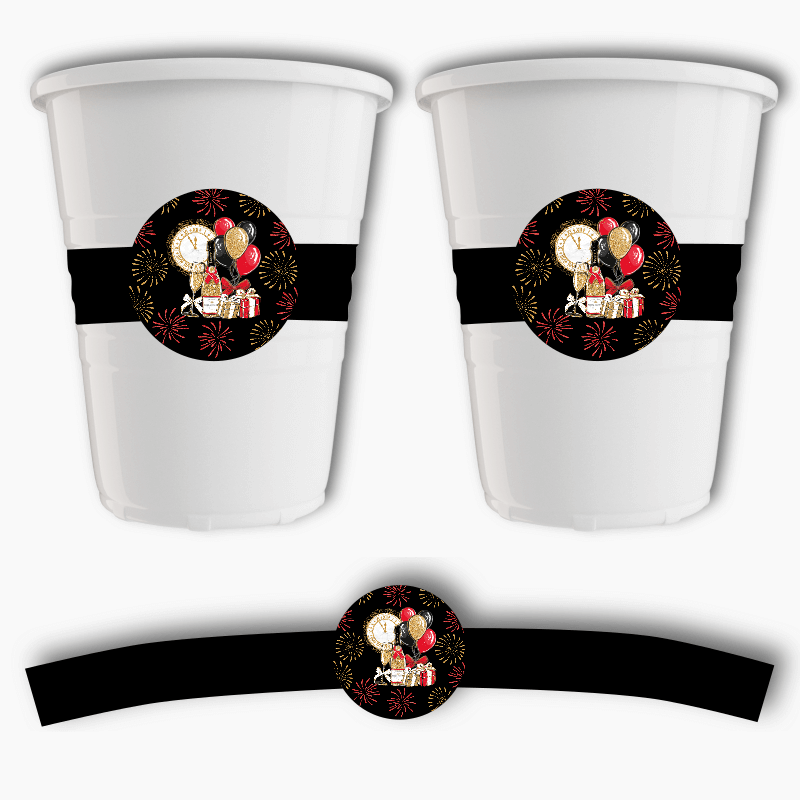 Black, Gold &amp; Red New Years Party Cup Stickers