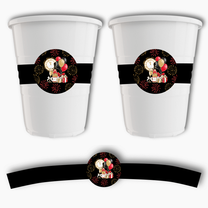 Black, Gold & Red New Years Party Cup Stickers