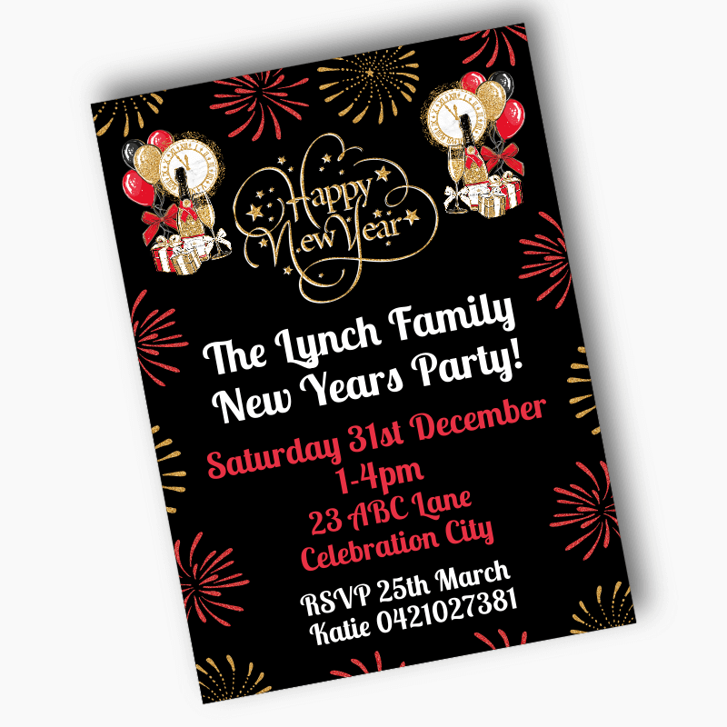 Black, Gold &amp; Red New Years Party Invites