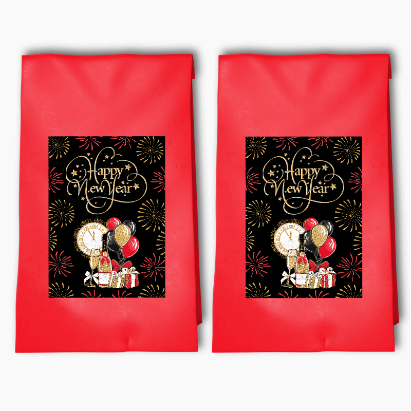 Black, Gold & Red New Years Party Bags & Labels