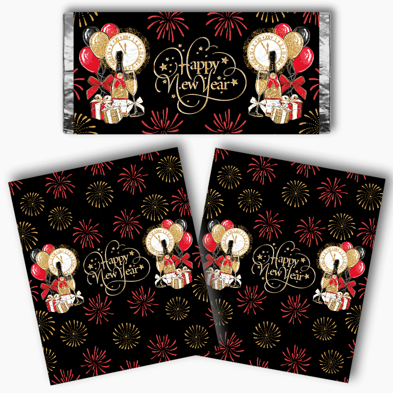 Black, Gold &amp; Red New Years Party Mini Chocolate Labels