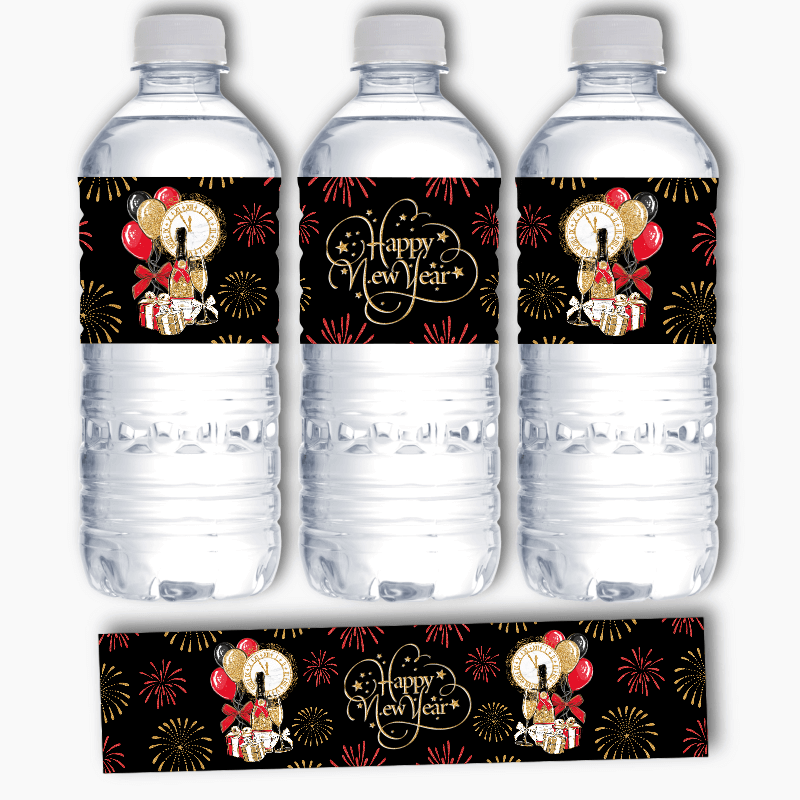 Black, Gold &amp; Red New Years Party Water Bottle Labels