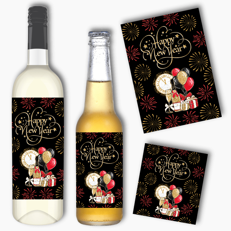 Black, Gold &amp; Red New Years Party Wine &amp; Beer Labels