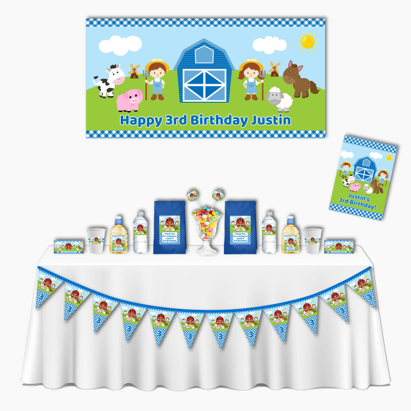 Personalised Blue Gingham Barnyard Animals Deluxe Birthday Party Decorations Pack