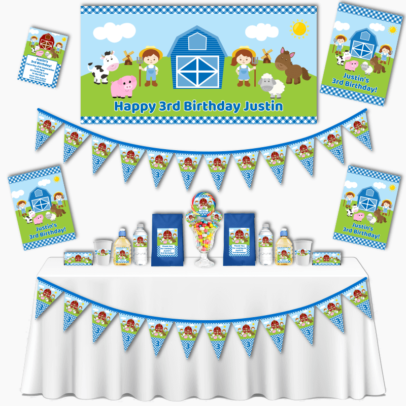 Personalised Blue Gingham Barnyard Animals Grand Birthday Party Decorations Pack