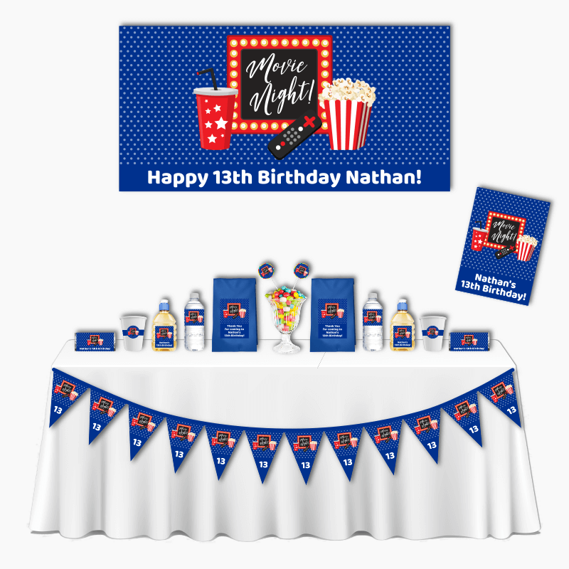 Personalised Blue Movie Night Deluxe Birthday Party Decorations Pack
