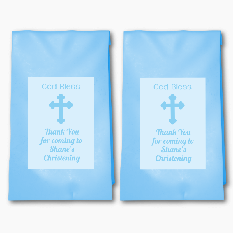 Personalised Blue Crucifix Christening Party Bags &amp; Labels