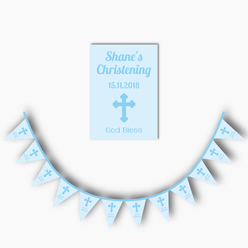 Personalised Blue Crucifix Christening Poster &amp; Flag Bunting Combo