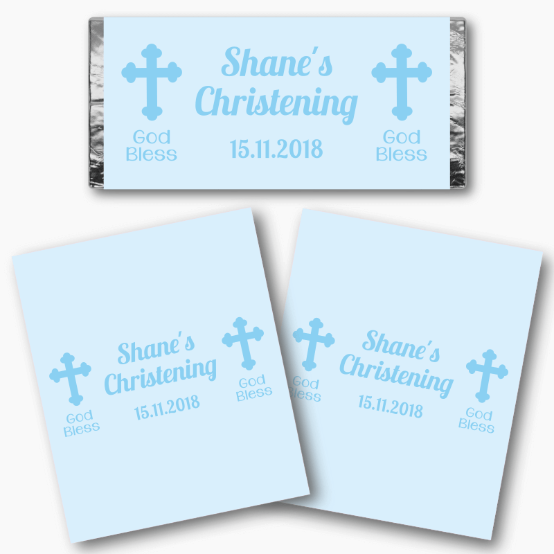 Personalised Blue Crucifix Christening Mini Chocolate Labels