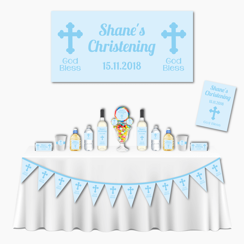 Personalised Blue Crucifix Deluxe Christening Decorations Pack