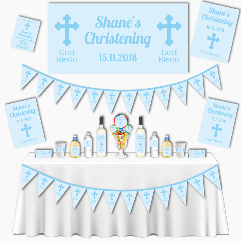 Personalised Blue Crucifix Grand Christening Decorations Pack