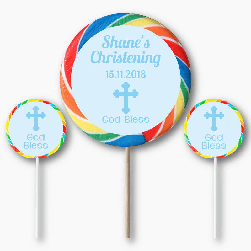 Personalised Blue Crucifix Christening Round Lollipop Stickers