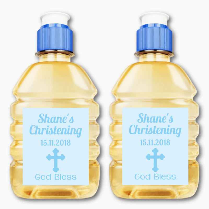 Personalised Blue Crucifix Christening Pop Top Juice Labels