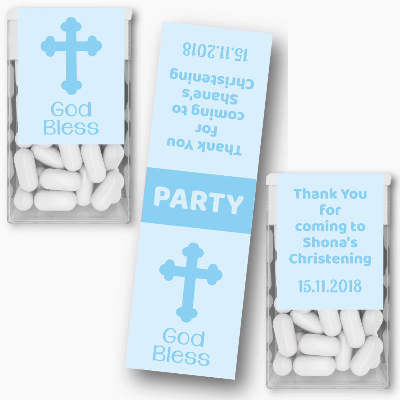 Personalised Blue Crucifix Christening Tic Tac Labels