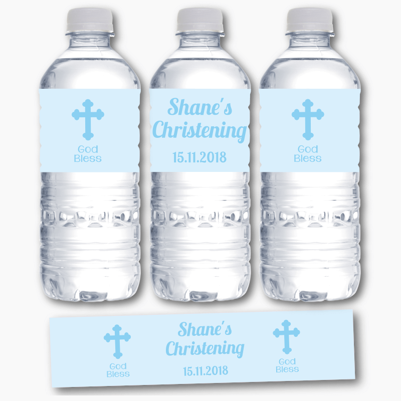 Personalised Blue Crucifix Christening Water Bottle Labels