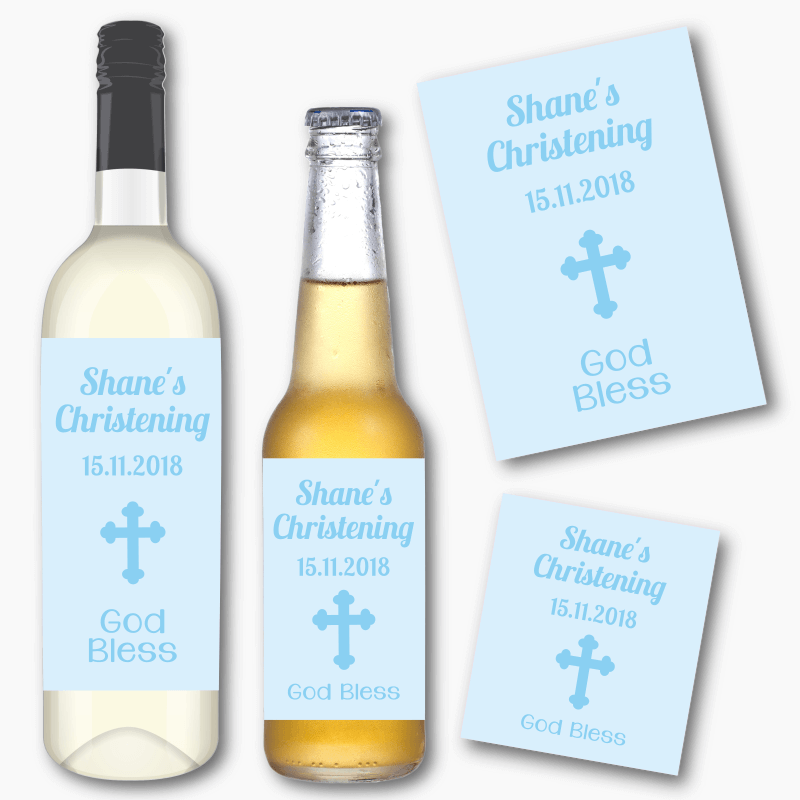 Personalised Blue Crucifix Christening Wine & Beer Labels
