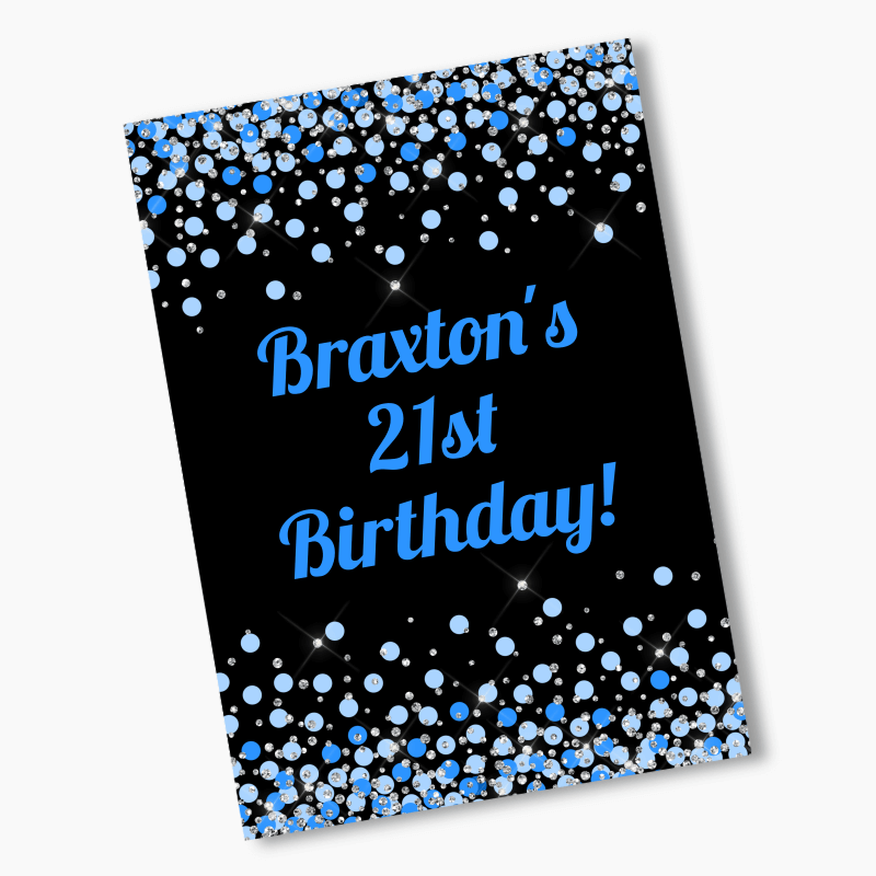 Personalised Blue &amp; Silver Confetti Party Posters - Black