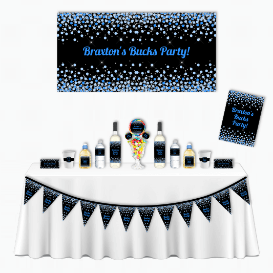 Personalised Blue, Black &amp; Silver Confetti Deluxe Bucks Party Decorations Pack