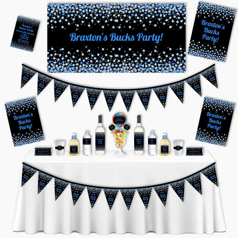 Personalised Blue, Black &amp; Silver Confetti Grand Bucks Party Decorations Pack