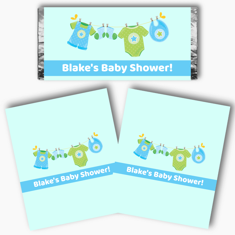 Personalised Blue &amp; Green Onesie Baby Shower Mini Chocolate Labels