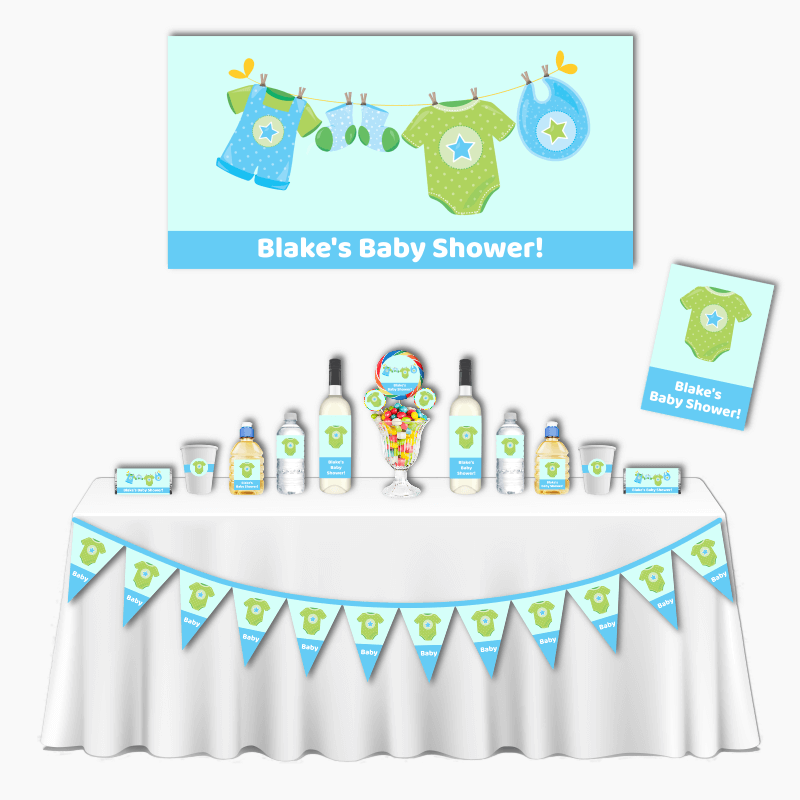 Personalised Blue &amp; Green Onesie Baby Shower Deluxe Party Decorations Pack