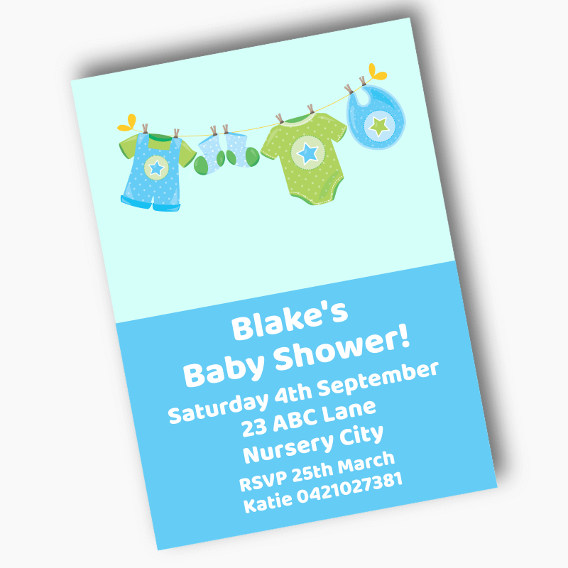 Personalised Blue &amp; Green Onesie Baby Shower Invites