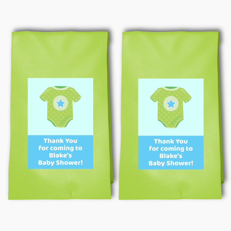 Personalised Blue &amp; Green Onesie Baby Shower Party Bags &amp; Labels