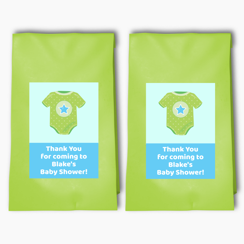 Personalised Blue & Green Onesie Baby Shower Party Bags & Labels